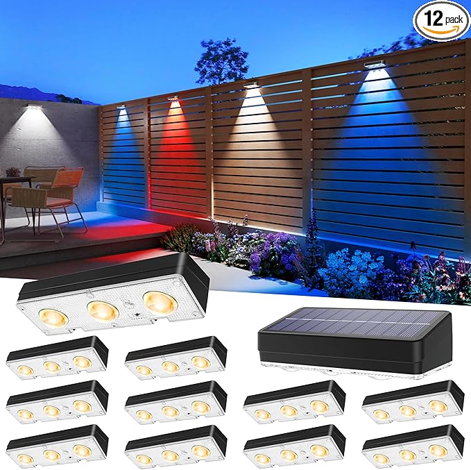 JOFIOS Solar Fence Lights Outdoor Waterproof Led, 12Pack,1300mAh,6 Inch Solar Lights for Fence with Warm White & RGB 8 Colors,Outdoor Solar Lights for Patio, Backyard, Deck, Fence, Railing (Black)