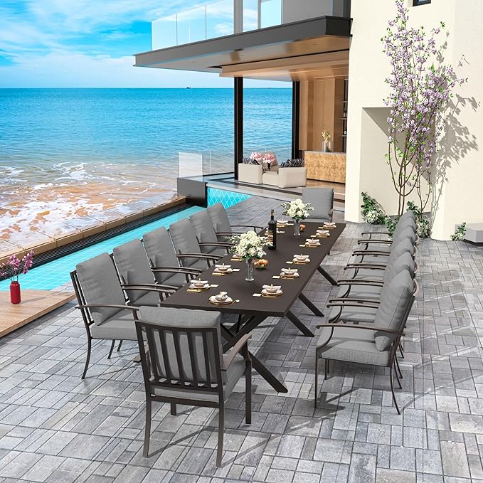 16-Piece Patio Dining Set Outdoor Conversation Set,Metal Outdoor Furniture Set with 2 Umbrella Hole Cut-Out 78.7" x 35.4" Tables and 14 Metal Backrest Chairs for Backyard,Garden,Grey