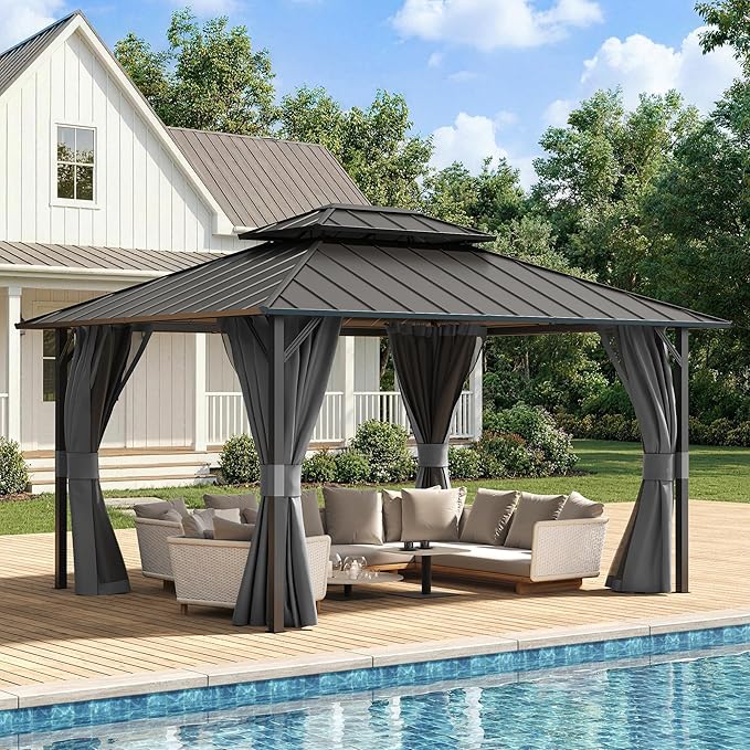 UDPATIO 12'x14' Hardtop Gazebo, Permanent Patio Pavilion with Breathable Netting and Privacy Curtain for Dining Party, Grey