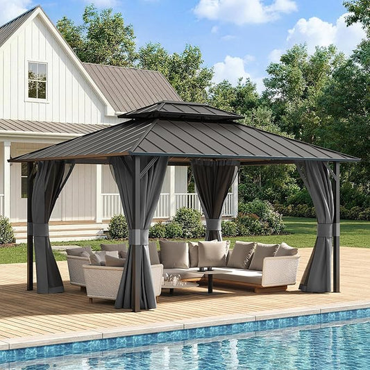 UDPATIO 12'x14' Hardtop Gazebo, Permanent Patio Pavilion with Breathable Netting and Privacy Curtain for Dining Party, Grey