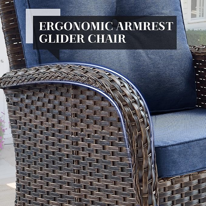 HUMMUH 5 Pieces Wicker Patio Furniture Set,Outdoor Rocker Chairs,Patio Ottomans,Glass Top Side Table,Outdoor Conversation Set for Porch Deck Backyard Poolside