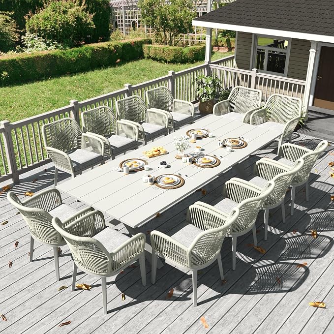 LayinSun Outdoor Dining Set for 12, 13 Pieces Patio Furniture Sets with Aluminum Dining Table and Rope Weave Chairs