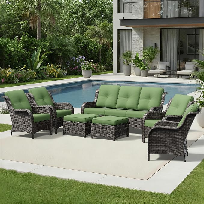 Joyside 7 Piece Wicker Patio Furniture Set, Rattan Patio Chairs with High Back, Deep Seating, Wide Armrest, Thickened Cushions, Outdoor Furniture for Deck, Porch Use