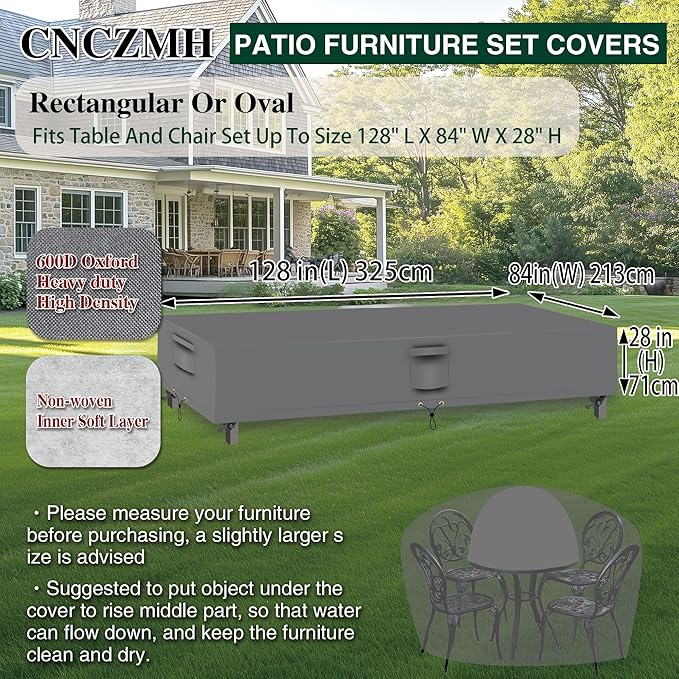 Heavy Duty Patio Furniture Covers Waterproof, 600D Outdoor Furniture Cover Waterproof for Sectional Sofa Couch, Outdoor Dining Table and Chair Set Covers 128''L x 84''W x 28''H, Grey