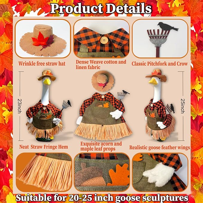 Fall Scarecrow Porch Goose Outfit – 3Pcs Harvest Farmer Costume with Straw Hat, Plaid Shirt Apron & Pitchfork Prop for 23'' Lawn Goose Statue, Outdoor Patio Yard Autumn Thanksgiving Halloween Decor