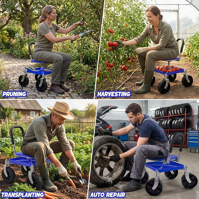 Heavy-Duty 360° Swivel Rolling Garden Seat, 330 lbs Capacity, Height Adjustable 20-24 in, with Work Gloves for Weeding, Planting, Car Detailing