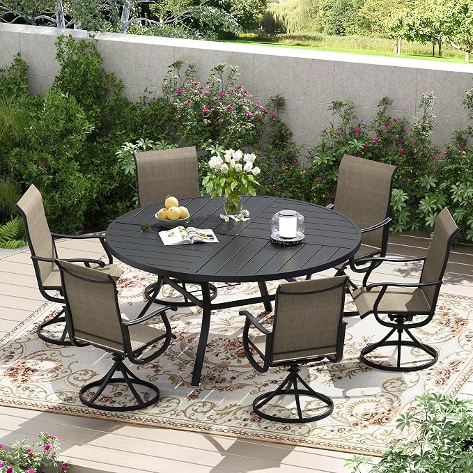 7 Pieces Patio Furniture Dining Set, 6 Textilene Swivel Dining Chairs, 53" Outdoor Round Metal Table with 1.57" Umbrella Hole, Outdoor Dining Set for Porch, Lawn, Garden, Black/Brown