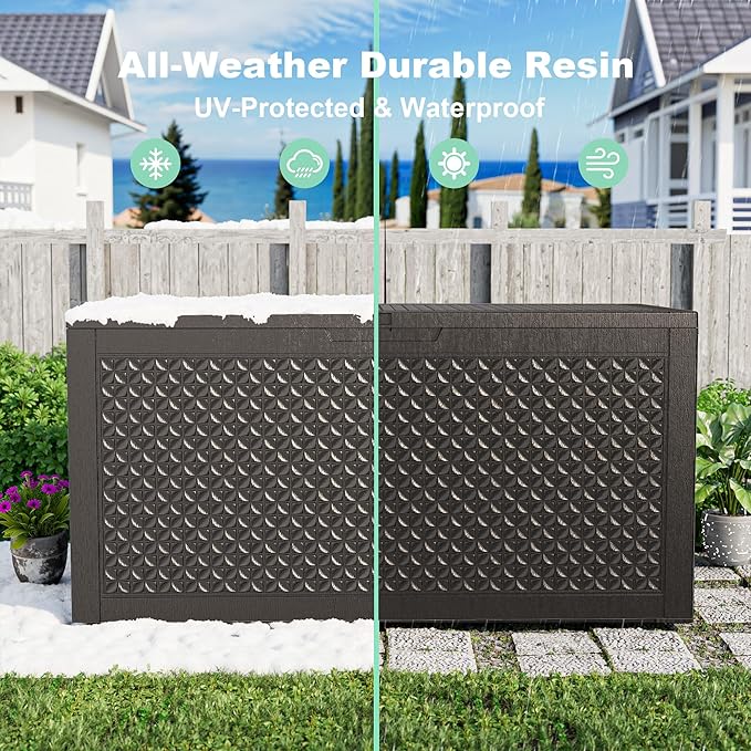 ROJIK Outdoor Storage Housing Deck Box - Waterproof Patio Furniture, Garden Tools, Cushions, Pool Accessories Storage Bench with Lockable Lid and Side Handles (Black,125 Gal)