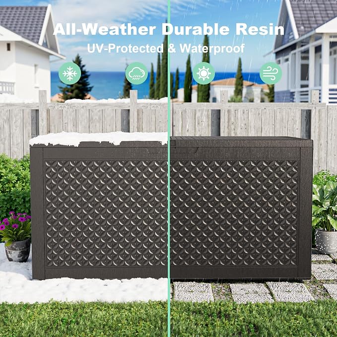ROJIK 110 Gallon Waterproof Outdoor Deck Storage Box, Lockable Resin Patio Storage Bin with Lid for Garden Tools, Patio Cushions & Outdoor Accessories(Black)