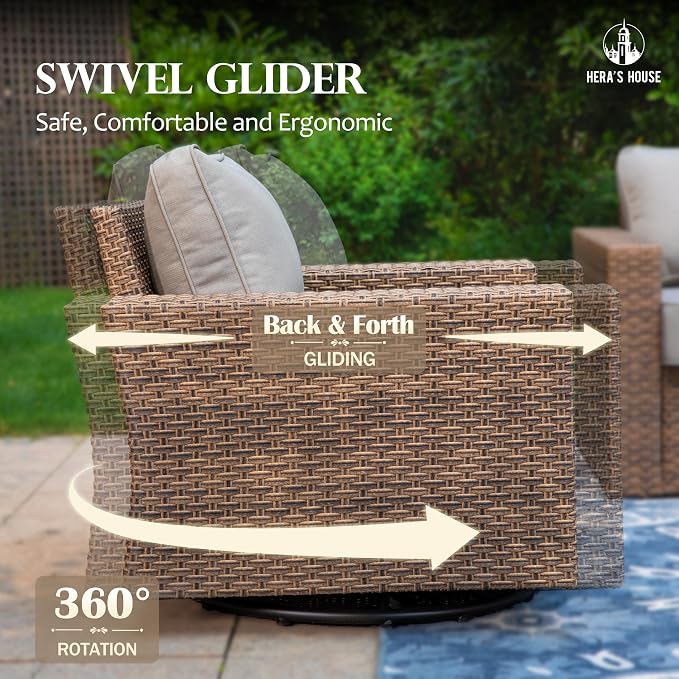 HERA'S HOUSE Swivel Glide Patio Furniture Set with 4.92" Widened Armrest Chairs, Outdoor Conversation Set, 5 Pieces Deep Seating Yellow Rattan Sofa with 5.5" Gray Cushions for Deck Garden Yard