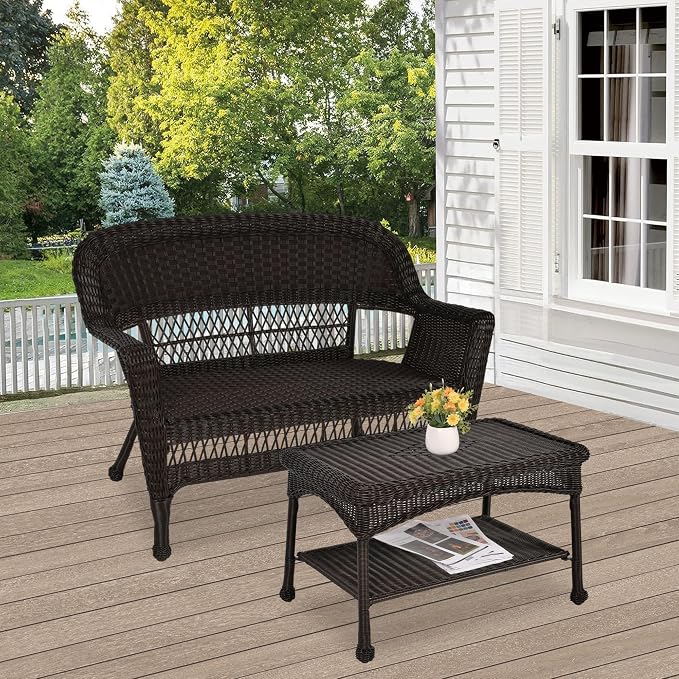 Jeco Wicker Patio Love Seat and Coffee Table Set without Cushion, Black