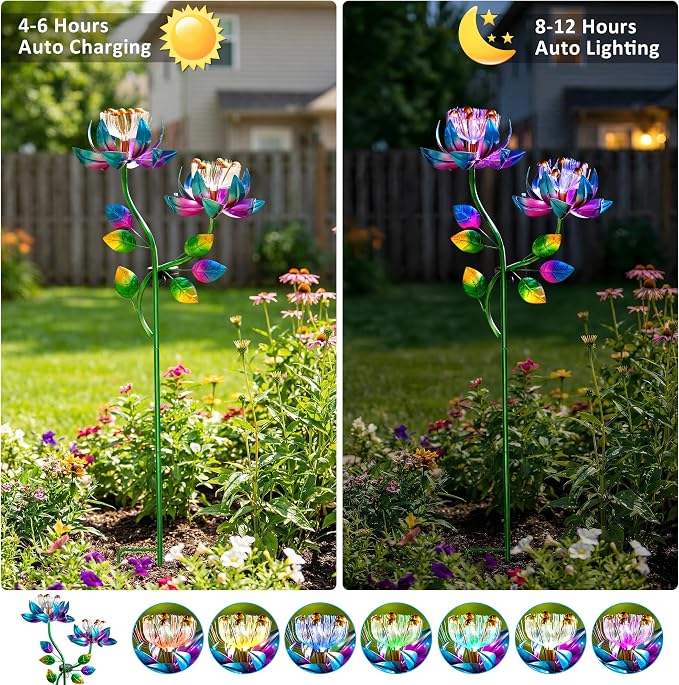 Solar Wind Spinner Outdoor Metal Garden Decor – 2-in-1 Kinetic Double Lotus Flower Stake with Glowing Fiber Optic Lights, Multi-Color Spinning Yard Art Sculpture for Patio, Lawn, and Pathway