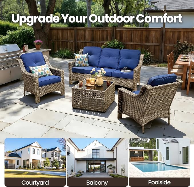 4 PCS Patio Conversation Set, All-Weather High Back Wicker Outdoor Patio Furniture Sets with Two Single Chairs, Solar Light Coffee Table,Outside Furniture for Porch Backyard Balcony,Navy Blue