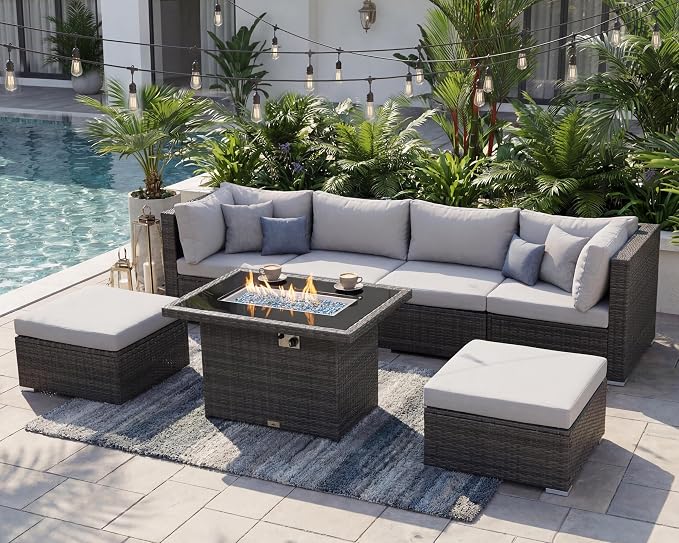 NICESOUL 6 Seats Modern Outdoor Furniture Set with Firepits Natural Gas/Propane, Extra Large Wicker Patio Sofa Sectionals for Outside, 29.3'' High Backrest Modular Deep Seated Conversations, Gray