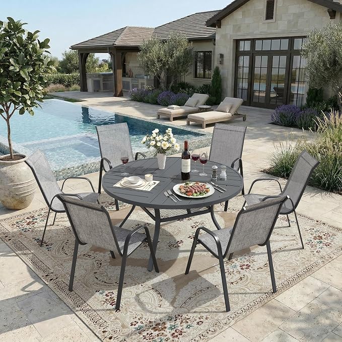 DIFY 7 Piece Outdoor Dining Set, 48" Round Metal Dining Table and Textilene Stackable Patio Chairs, Patio Table and Chairs Set for 6 with Umbrella Hole for Backyard Garden Deck, Grey