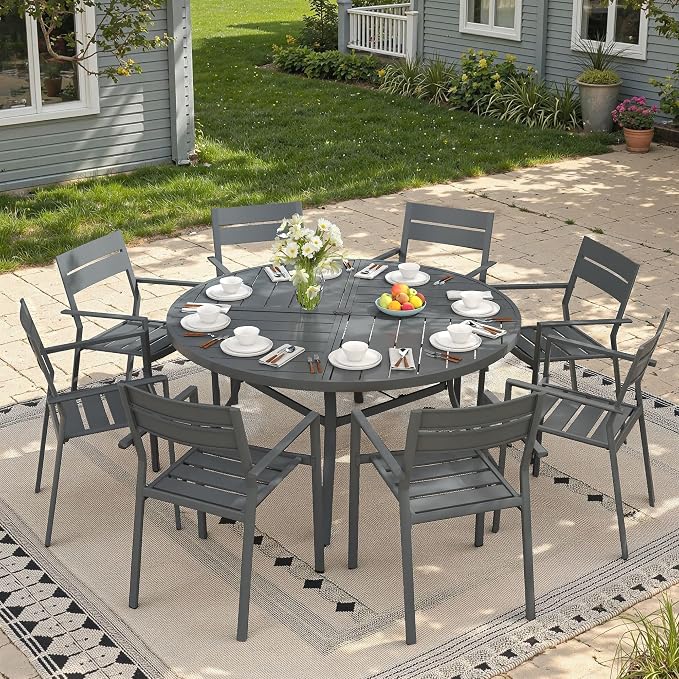 Patio Dining Set for 8, Round 53.1" Patio Dining Table and Stackable Outdoor Dining Chairs Outdoor Furniture for Backyard Porch Deck, Spliced Dark Grey Table and Grey Chairs