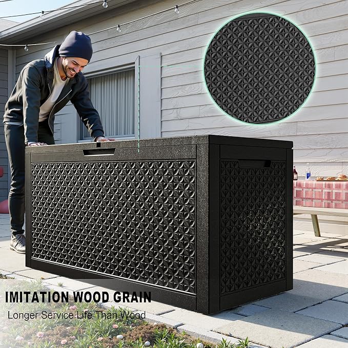 ROJIK 110 Gallon Deck Box Outdoor, Waterproof Outdoor Storage Boxes with Lids, Outside Resin Lockable Storage Box for Patio Cushions, Garden Tools(Black)