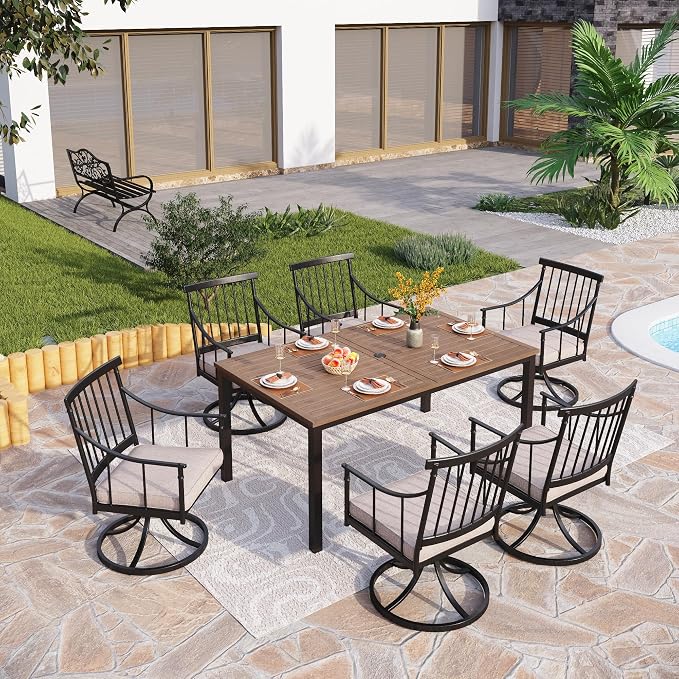 PHI VILLA 7 Piece, Outdoor Dining Set, 65"x39" Table, Umbrella Hole | Metal, Swivel Chairs, Cushions, Weather-Resistant, Rust-Resistant, 300 lbs Capacity