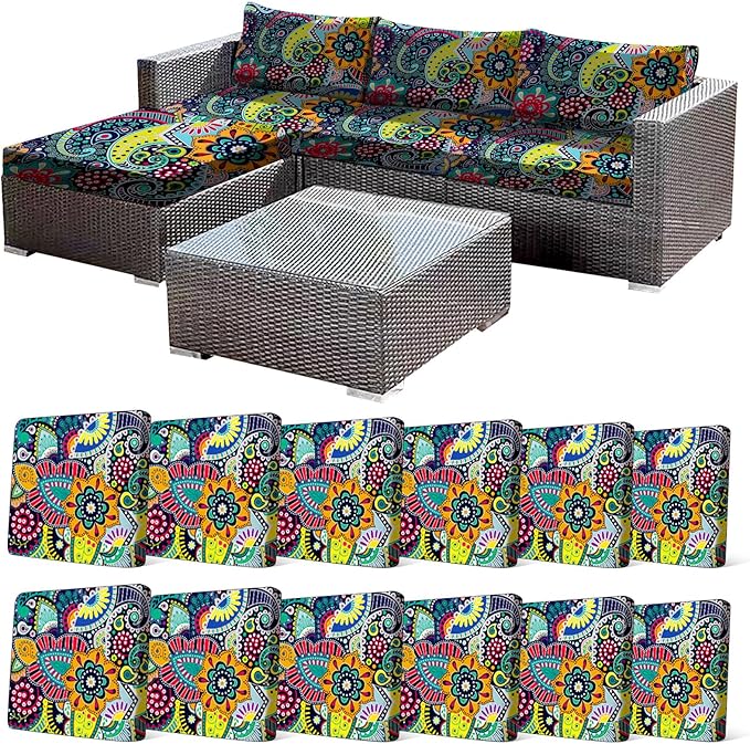 CALBODE 12Pcs Stretch Patio Cushion Cover, Boho Floral Couch & Sofa Slipcovers for Patio Furniture Cushions Washable Reusable Couch Covers Replacement for All Season, Breathable (Paisley, Cover Only)