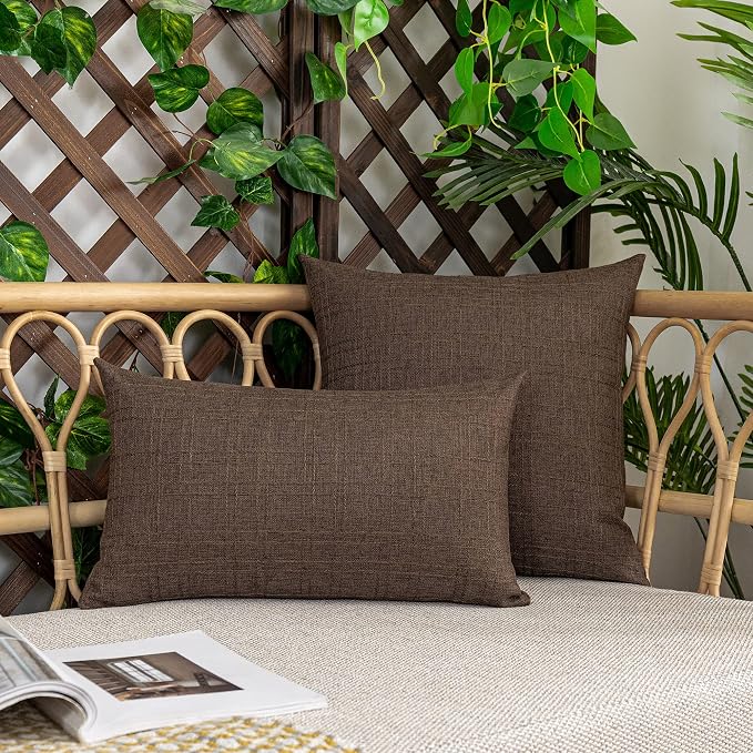 Kevin Textile Outdoor Waterproof 12”x24” Lumbar Pillow Covers 2 Pack, Brown | Water Resistant, Soft Faux Linen-cotton Yarn-dyed Woven Texture Throw Pillow Covers for Tent Patio Garden Couch Sofa