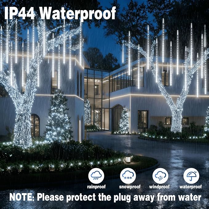EEIEER Meteor Shower Lights Outdoor, 11.8 inches 10 Tubes 240 LED Snowfall Falling Rain Lights for Halloween Christmas Holiday Tree Home Party-White