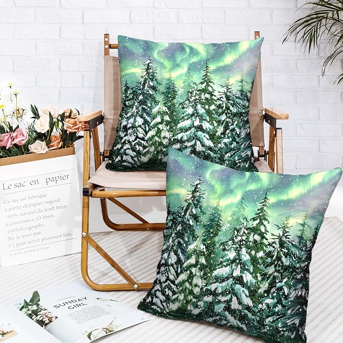 Winter Aurora Pillow Covers 16x16 Set of 2 Snowy Pine Tree Throw Pillow Covers Green Polar Light Forest Pillow Case Double Sided Printing Cushion Case for Home Decor Couch Sofa
