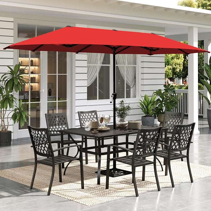 Sophia & William Patio Dining Set with 13ft Double-Sided Patio Umbrella, 8 Piece Metal Outdoor Table Furniture Set with 6 Chairs and 1 Rectangular Dining Table and 1 Large Orange Red Umbrella