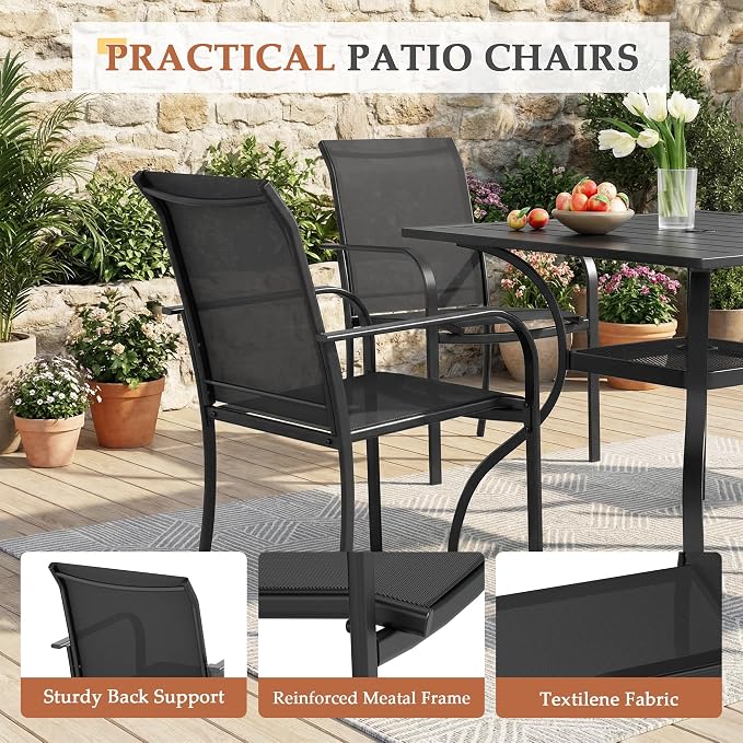 SUNCROWN 8 - Piece Outdoor Dining Set, Patio Furniture Set with 6 Textilene Dinning Chairs, 1 Rectangle Metal Table and 1 Sky Blue 9Ft Patio Umbrella for Lawn Garden Backyard Deck, Black