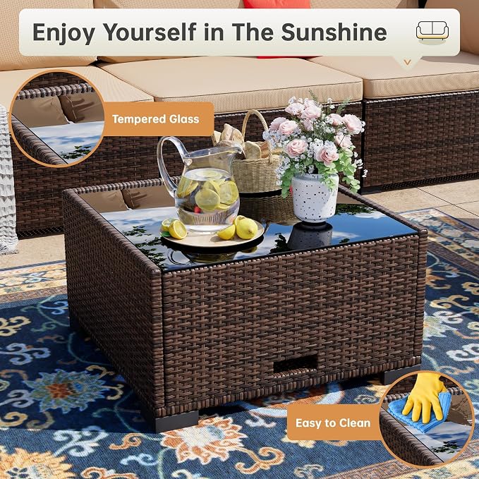 LHBcraft 7 Pieces Outdoor Patio Furniture Sets,PE Rattan Wicker Patio Conversation Set with Tea Table,Patio Sectional with Thick Cushions,Outdoor Furniture for Garden, Deck