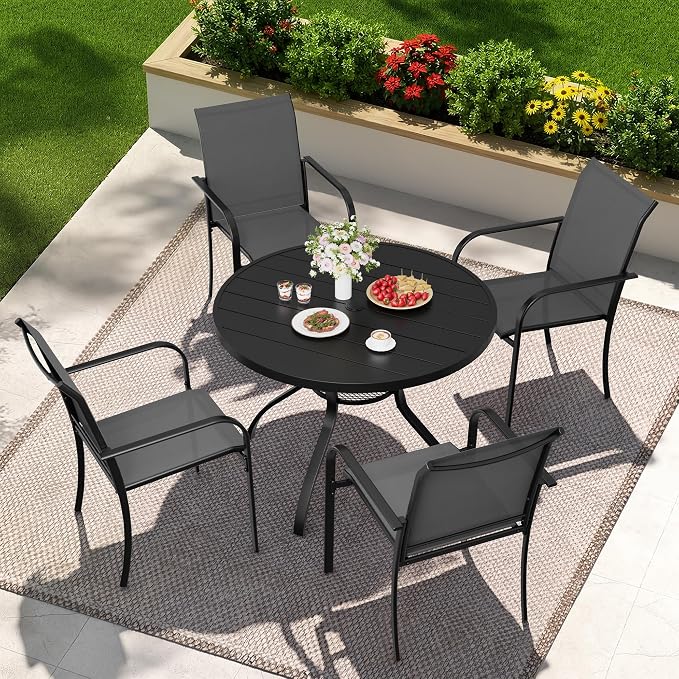 Incbruce 5 PCS Patio Dining Set, Outdoor Dining Set of 4 Textilene Chairs and 41" Round Table with Umbrella Hole for Backyard, Garden, and Poolside (Grey)