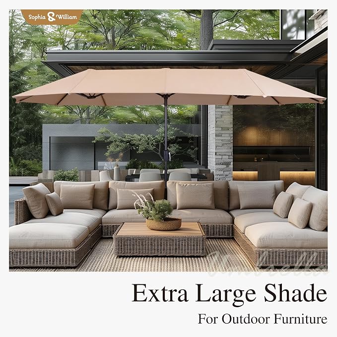 Sophia & William Patio Set with Umbrella 8 Pieces Outdoor Dining Set for 6 with 13ft Umbrella Beige, 6 x Blue Swivel Patio Chairs with 59" Dining Table for Lawn Garden (No Umbrella Base)