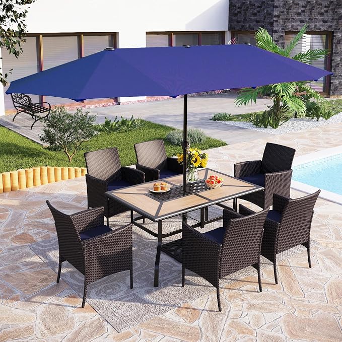 PHI VILLA 7pc Patio Dining Set w/Umbrella, Wood-top Table, Rattan Chairs | Outdoor Dining Set for 6, Metal Dining Table & 6 Cushioned Rattan Chairs with Blue Umbrella for Outdoor, Deck, Yard, Porch