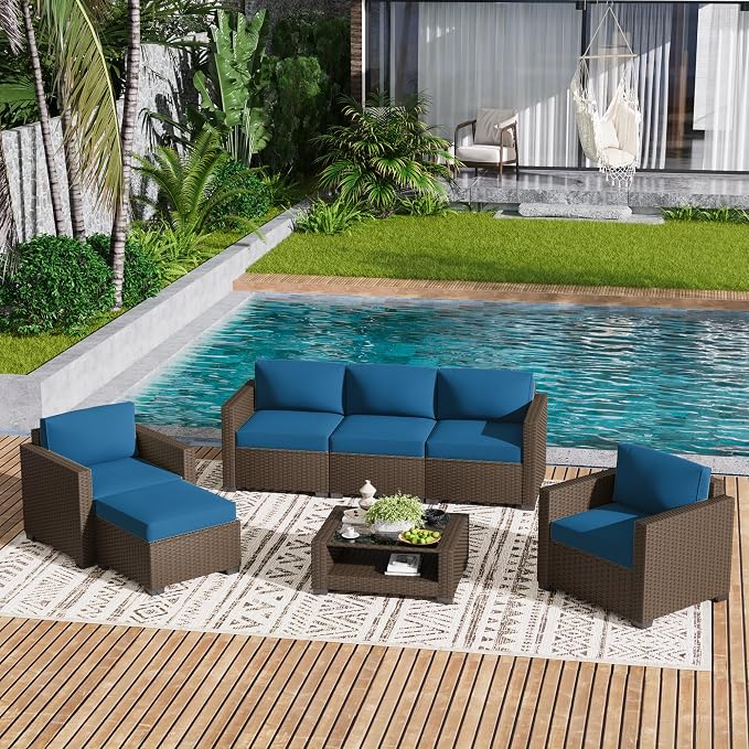 LOUVIXA 7 Piece Outdoor Patio Furniture Set, Rattan Chairs Glass Table Wicker Conversation Seating Sectional Sofa with Cushions (Brown-Peacock Blue, 7Pcs-2 Layer Coffee Table)