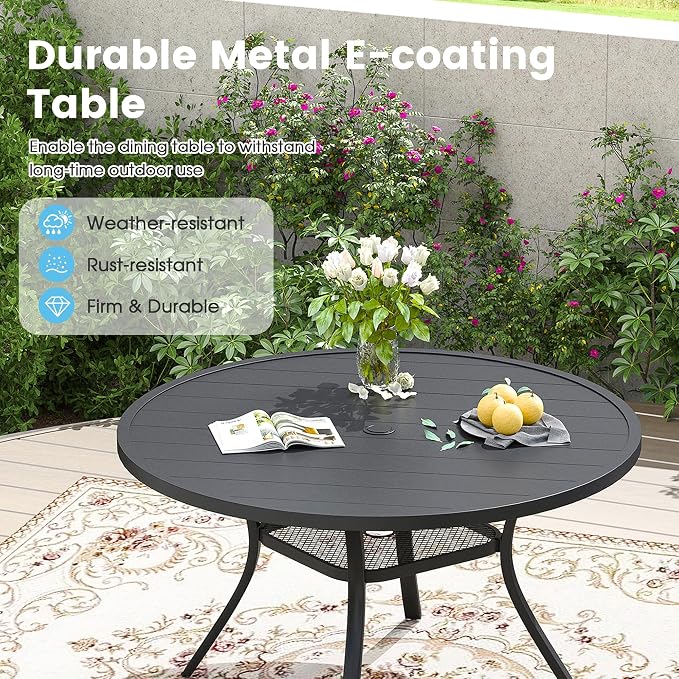 7 Pieces Patio Dining Set, 47" Round Dining Table with Umbrella Hole, 6 Stackable Textilene Fabric Chairs, Metal Structure for Patio, Porch, Garden(Black Table, Blue Chair)