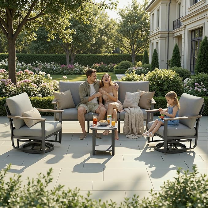 Aluminum Outdoor Patio Furniture Set 5-Seat, Patio Conversation Set Sectional Furniture Set with Swivel Rocking Chairs High Backrest & Thickened Cushions for Garden, Backyard, Poolside, Grey
