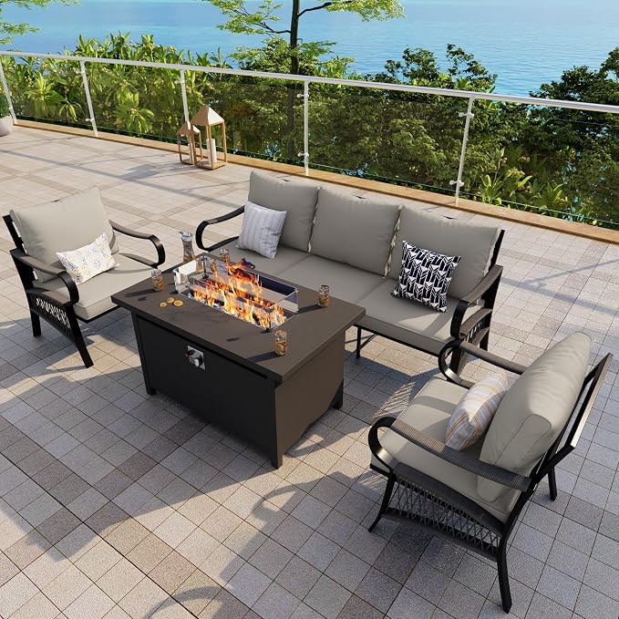 4-Piece Outdoor Furniture Set, Patio Conversation Set Include 3-Seater Sofa Couch Single Chairs with Fire Pit Table for Deck, Porch, Garden, Backyard, Poolside (Beige Cushions)