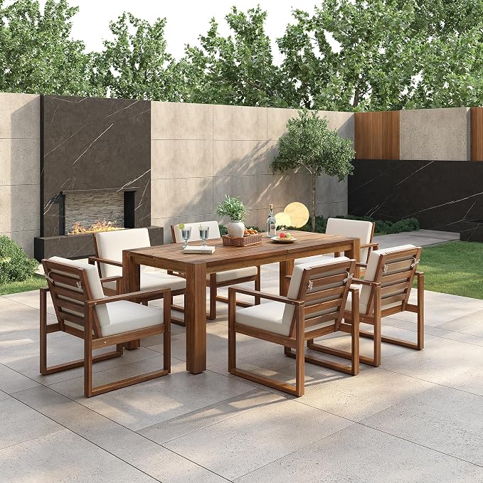 Merax Outdoor Patio Dining Table Set, 7-Piece Outdoor Dining Table Sets with Umbrella Hole Cut-Out Table and 6 Chairs with Removable Cushion, Acacia Wood Dining Sets Outdoor Furniture Set, Mocha