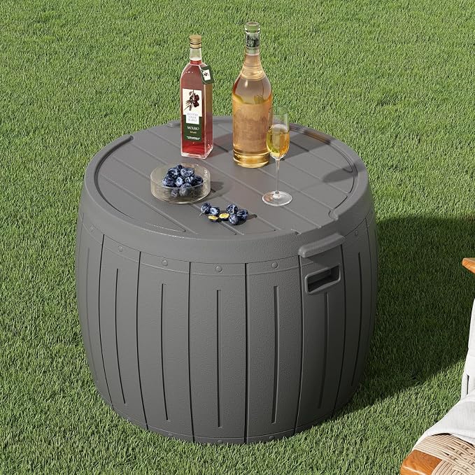 ZZM 33 Gallon Round Deck Box, Patio Side Table for Cushion, Picnic Bucket, Small Bench Seat, All-Weather & Portable, Gray