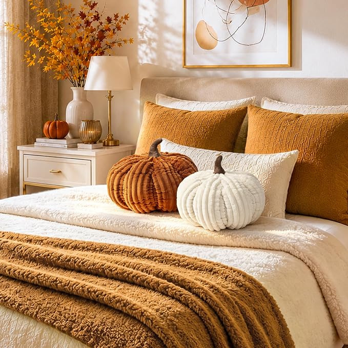 AELS Pumpkin Throw Pillows Set of 2, 14" Cinnamon & Cream Fall Pillows | for Couch Sofa Bed Living Room Home Decor, Farmhouse 3D Fall Halloween Thanksgiving Decorative Accent Pillows
