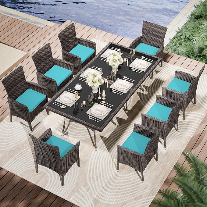 Kullavik 10 Pieces Outdoor Dining Set Patio Rattan Furniture Set,Patio Dining Table and Chairs Set with 8 Chairs and Cushions,Square Glass Tabletop with Umbrella Hole for Patio,Backyard,Blue