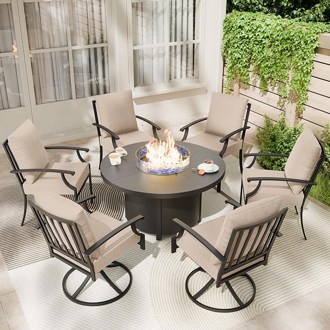 Kullavik 7 Piece Metal Outdoor Patio Furniture Set with Fire Pit Table,Outdoor Dining Table Set with 4 Fixed Chairs,2 Swivel Chairs and 55000 BTU Outdoor Round Fire Pit,Sand