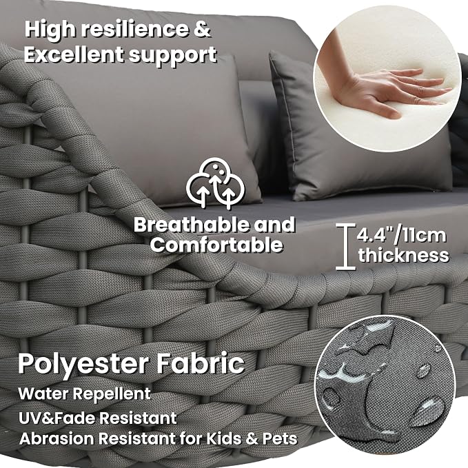Patio Conversation Deck Furniture Sets: 6-Piece Aluminum Woven Rope Outdoor Sofa Set - Modern Cushions Couch Set - No Assembly Metal Porch Seating for Deck Yard Garden Hotel Resort, Dark Grey
