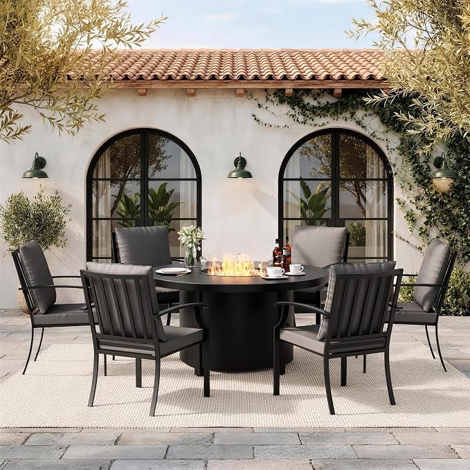 7 Pieces Outdoor Patio Furniture Set with 48" 55000 BTU Round Propane Fire Pit Table,Patio Dining Set Outdoor Conversation Sets 6 Chairs for Deck,Backyard and Garden,Grey