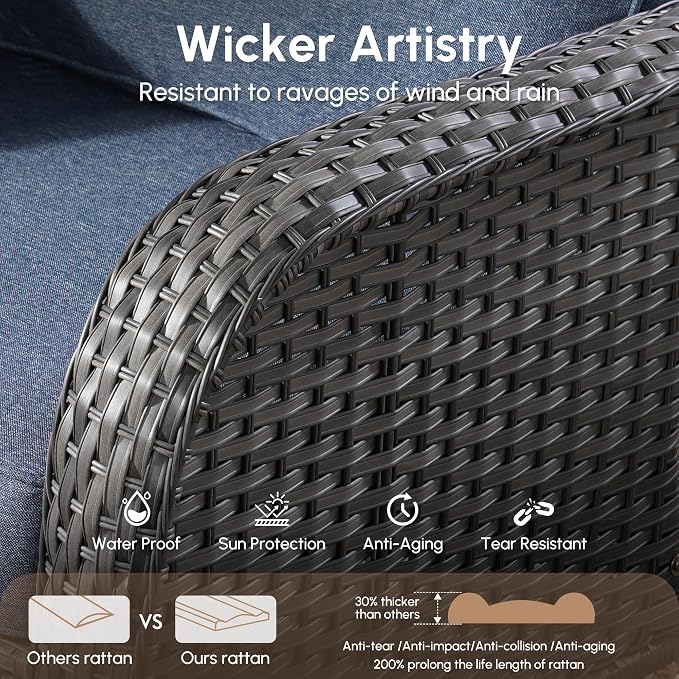 Wicker Rocking Chair Swivel Chairs - 3 Piece Rocker Glider Patio Chairs Set Rattan Rocking Chair for Outdoor Porch Deck Garden Backyard,Blue