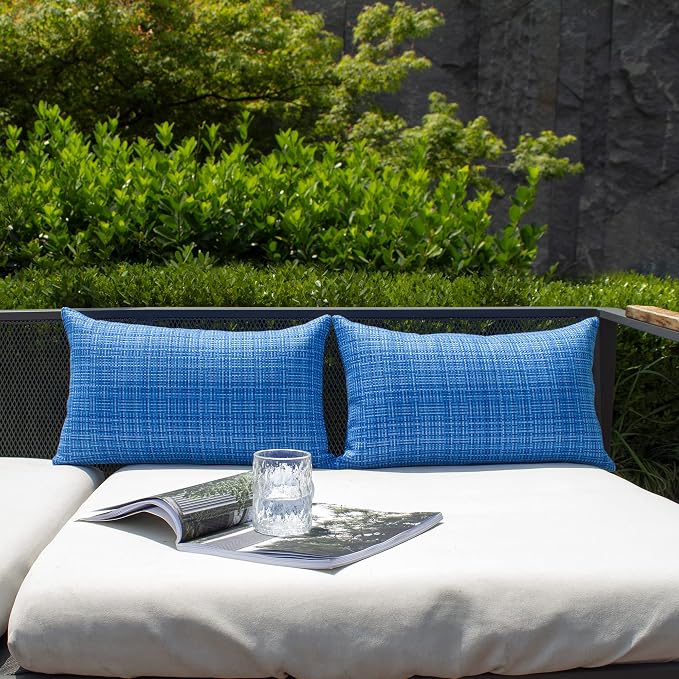 Kevin Textile Outdoor Waterproof 12"x20" Lumbar Pillow Covers 2 Pack, Blue | Water Resistant, Faux Linen Yarn-dyed, Woven Texture Throw Pillow Covers for Tent Patio Garden Couch Sofa