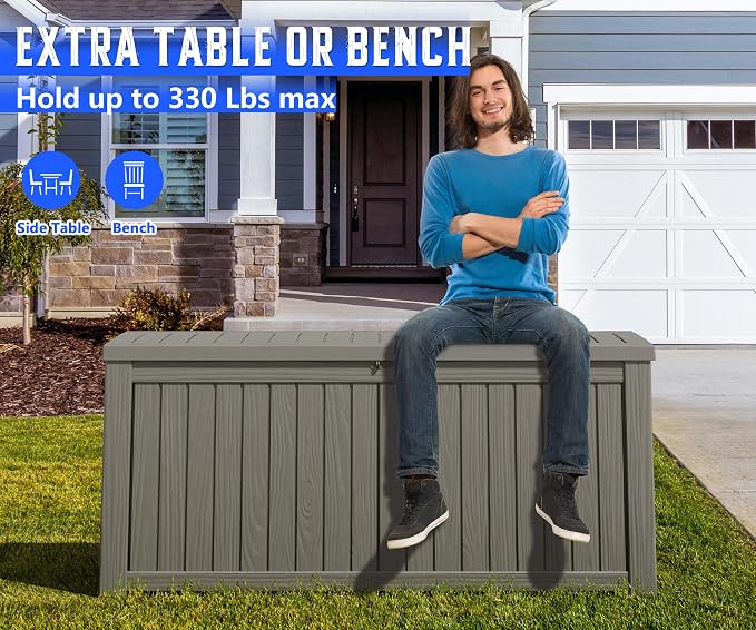 NUNU LAB 150 Gallon Outdoor Storage Box,Resin Large Sturdy Deck Box, Backyard Outside Storage Box Waterproof with Double Wall Panels,Package Delivery Garden Outdoor Hose