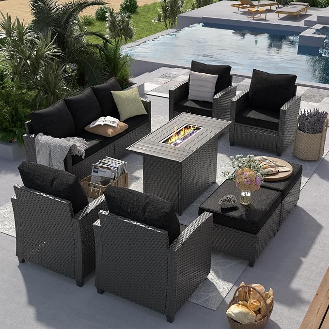 UDPATIO Patio Furniture Set with 44" Fire Pit Table, 8 Pieces Outdoor Sectional Conversation Sets, All-Weather Wicker Rattan Sofa Ottoman with 4" Thick Cushion for Garden Backyard Deck, Black