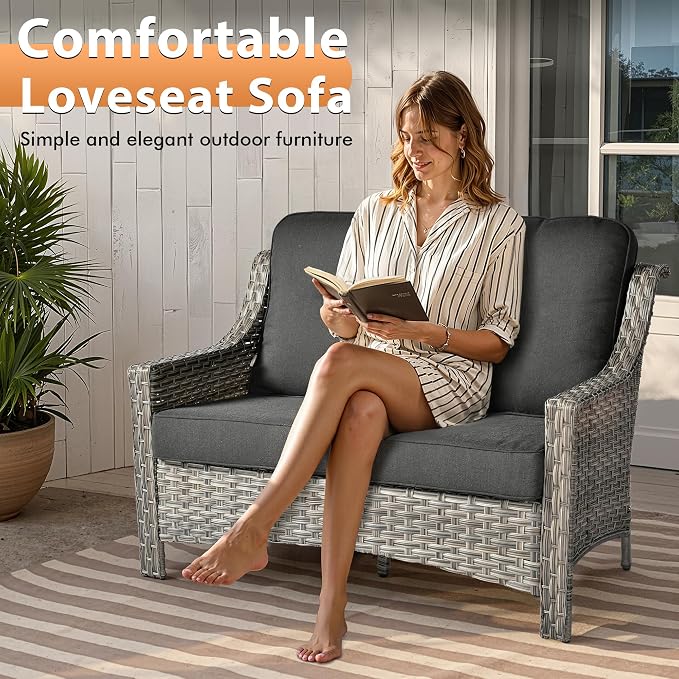 Outdoor Patio Furniture Sets, 5 PCS Patio Conversation Set Outside Rattan Sofa with 54 in Fire Pit Table Comfy Cushions Fit Backyard Porch Garden Poolside Balcony,Black
