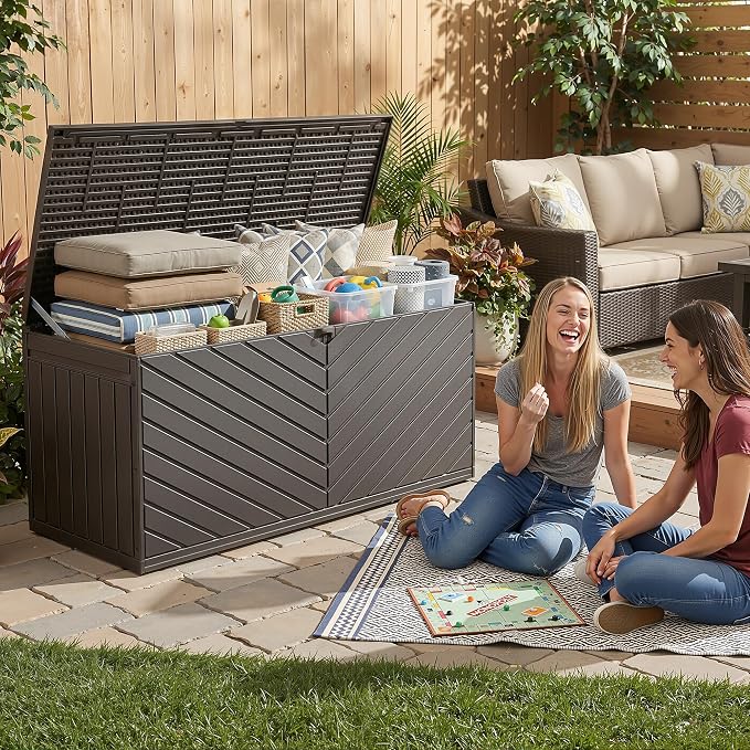 Deck Box, Waterproof Resin Outdoor Storage Box with Double-Layer Lockable Lid, UV-Resistant Storage for Patio, Pool, Garden & Backyard, 270 Gallon, Brown