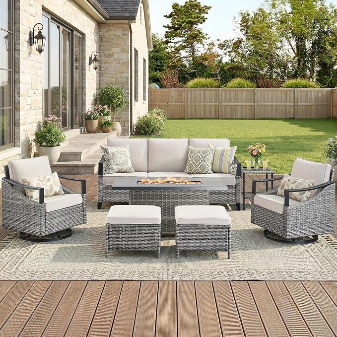 Patio Furniture Set with 42.5" Fire Pit Table-7 Pieces All Weather Wicker Outdoor Furniture with High Back Swivel Patio Chairs Set of 2 Outdoor Patio Conversation for Deck Garden Beige/Gray